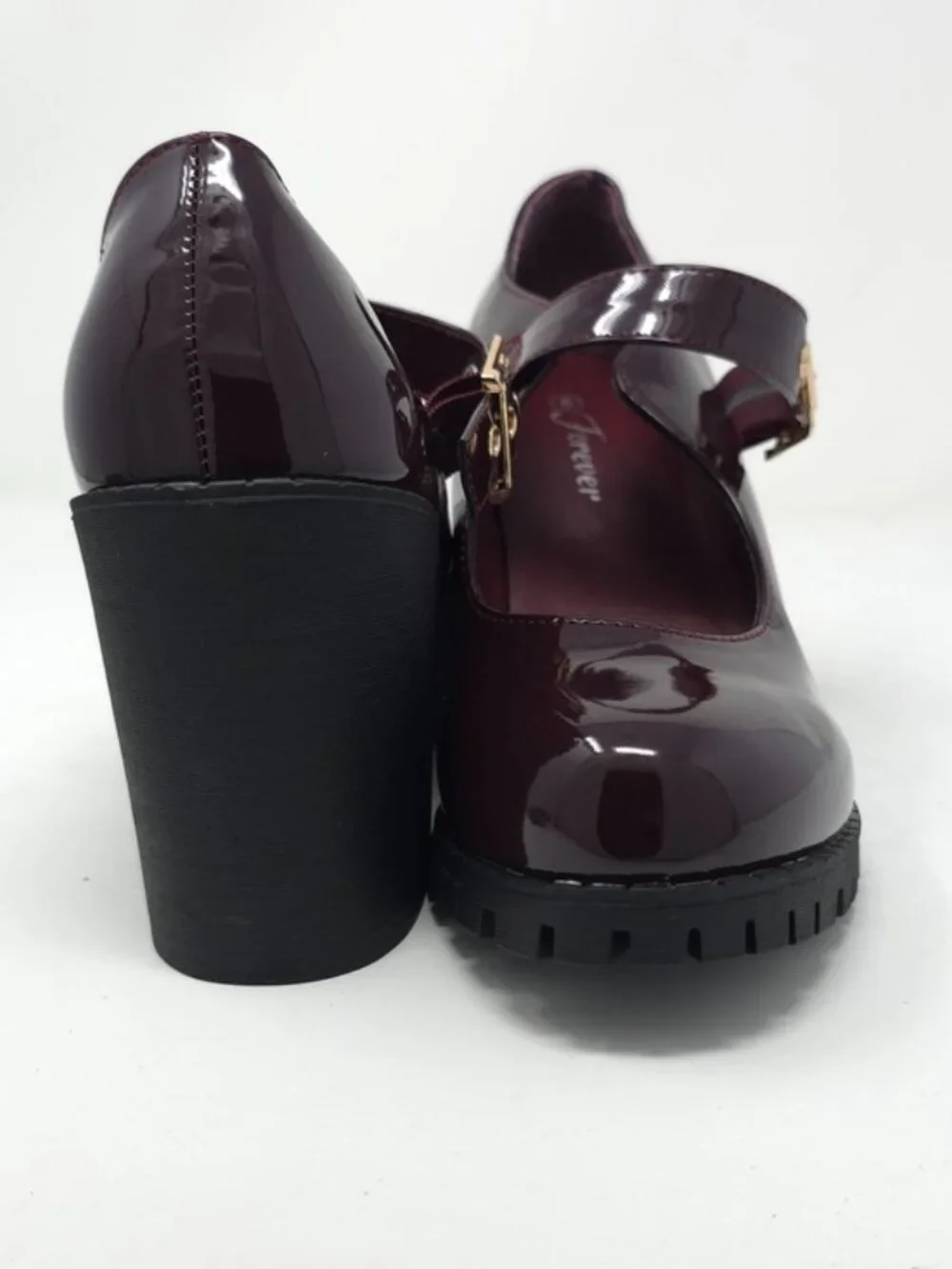 Burgundy Patent Faux Leather Mary Jane Platform Chunky Heel Lug Sole Trendy